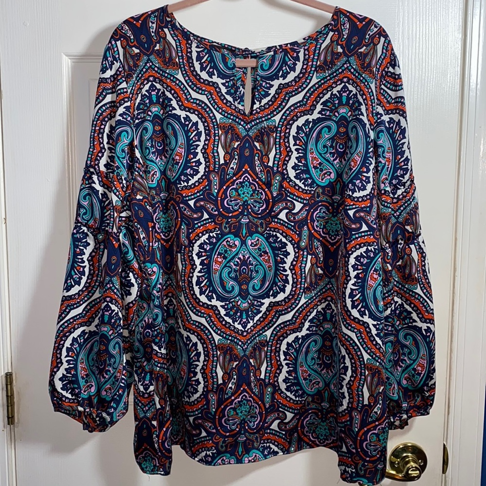 Talbots Navy Turquoise Orange Paisley Blouse